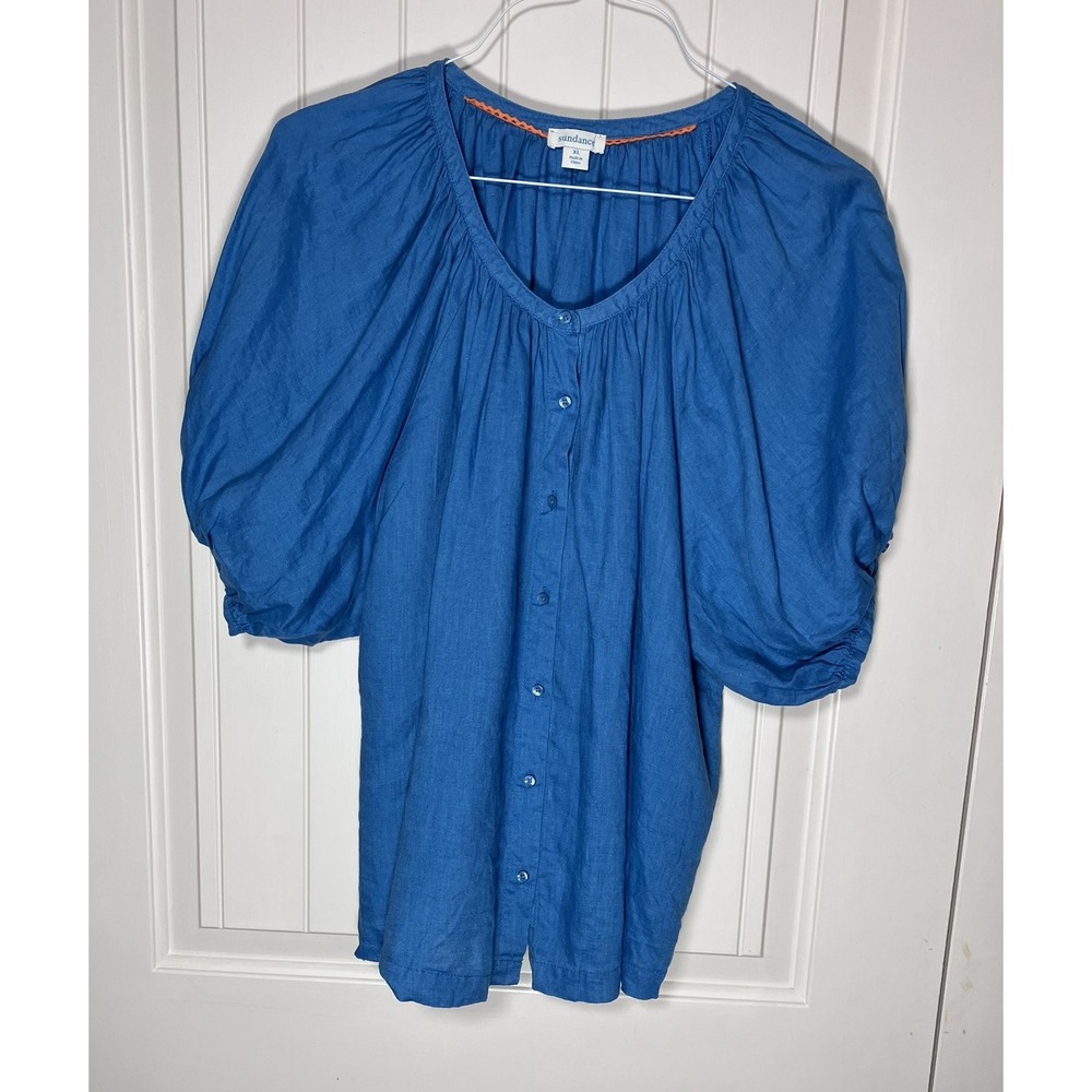 Sundance Womens XL Blue 100% Linen Peasant Puff Sleeve Button Front Boho Top